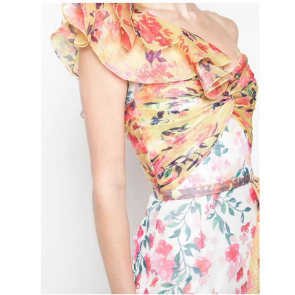 NWT Marchesa Notte One Shoulder Asymmetric Floral Twisted Ruffle Mini Dress 4(S) - Picture 2 of 11